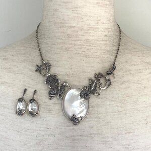 Sterling Silver 925 MOP Marcasite Sea Life Shell Panel Necklace & Earring Set